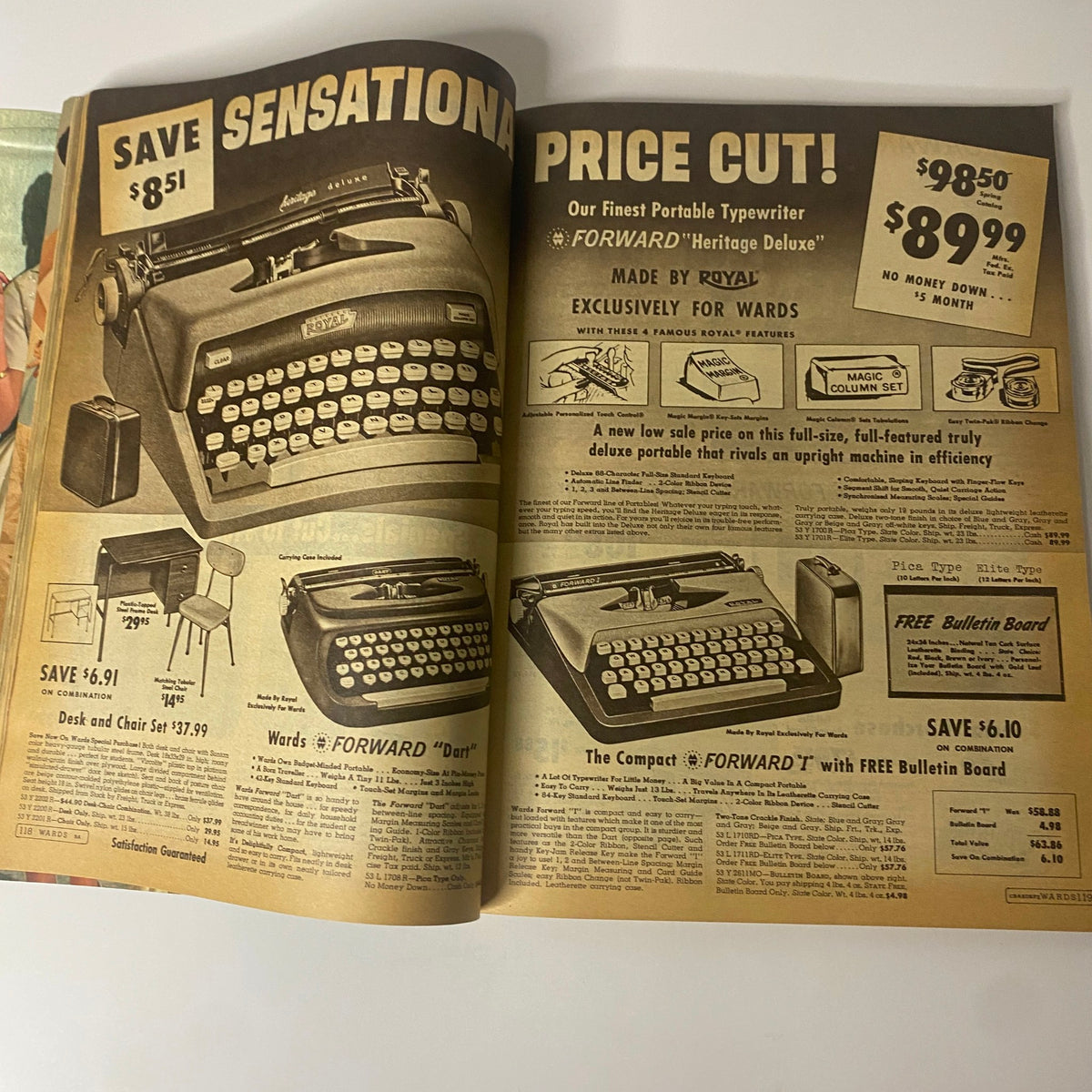 Ad for the Royal 'Forward Heritage Deluxe' typewriter in the 1962 Montgomery Ward Summer Catalog, showcasing features and pricing.