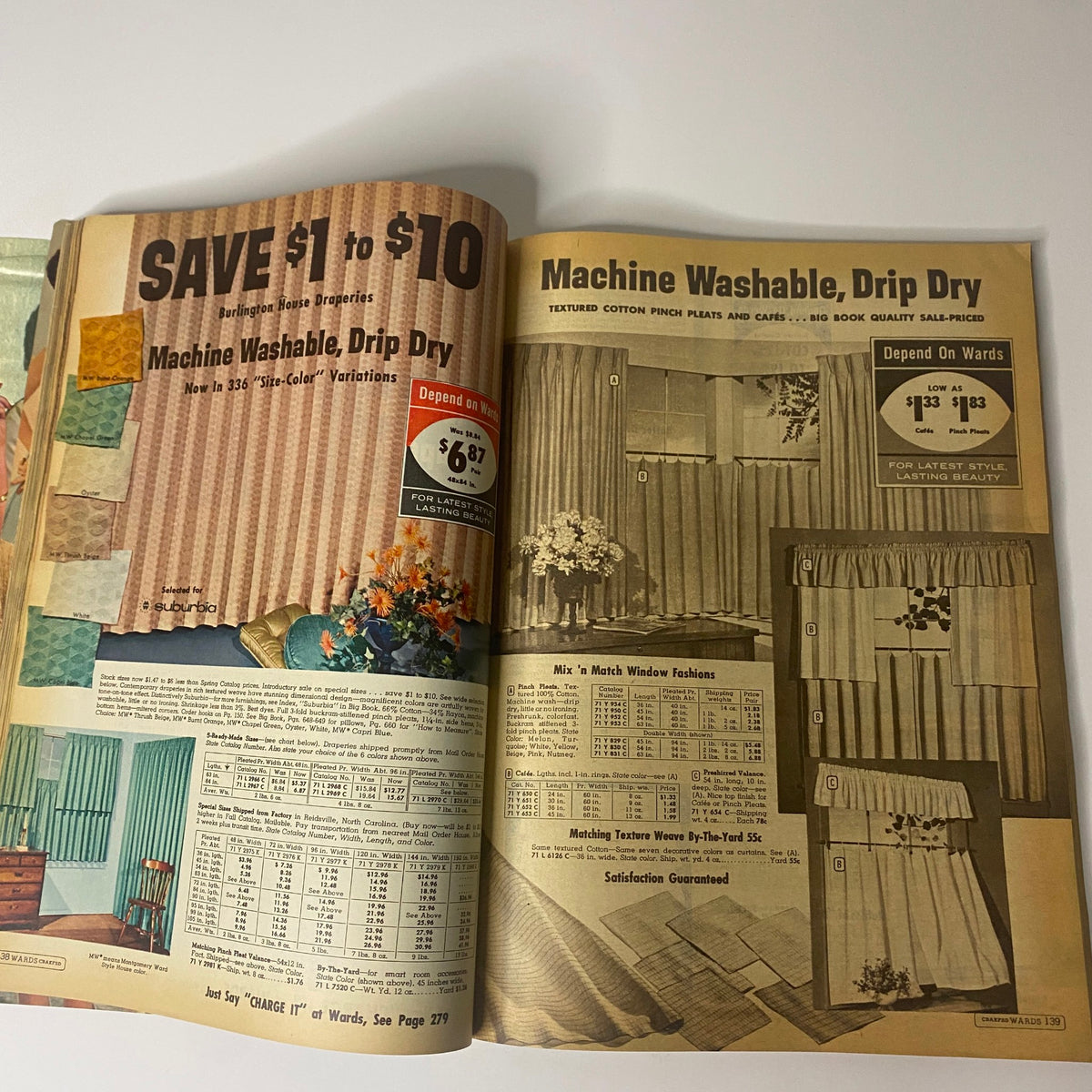 Advertisement for machine washable curtains in the 1962 Montgomery Ward Summer Catalog, featuring colors and styles available.