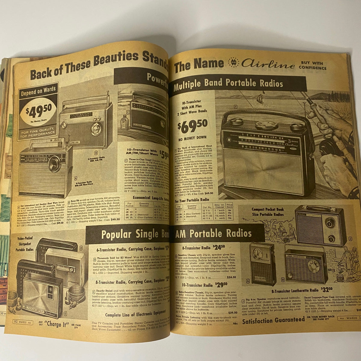 Electronics page from the 1962 Montgomery Ward Summer Catalog, displaying various portable radios and their prices.