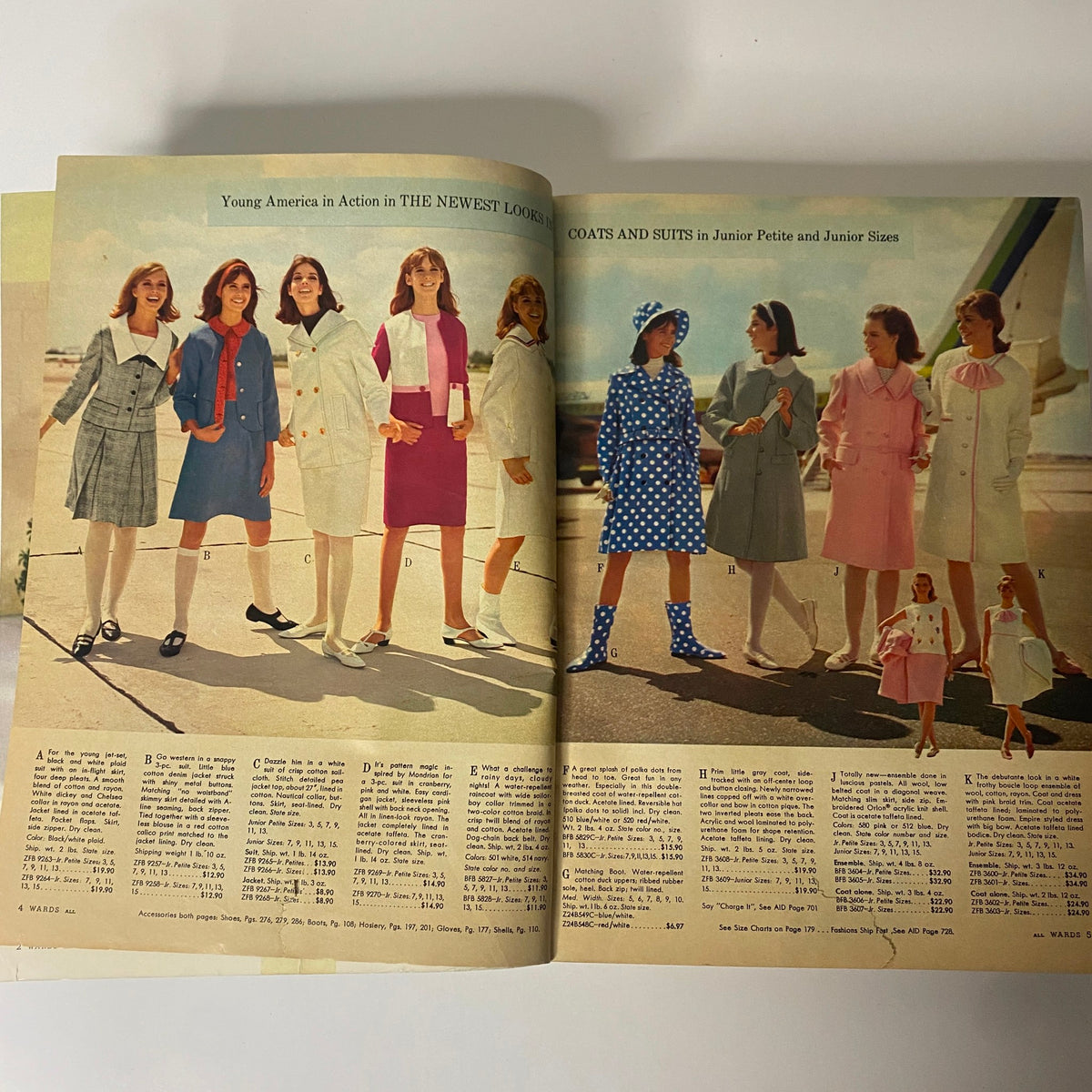 Spread from the 1966 Montgomery Ward Spring and Summer Catalog showcasing models in colorful coats and suits, reflecting the fashion styles available in Junior Petite and Junior Misses sizes.