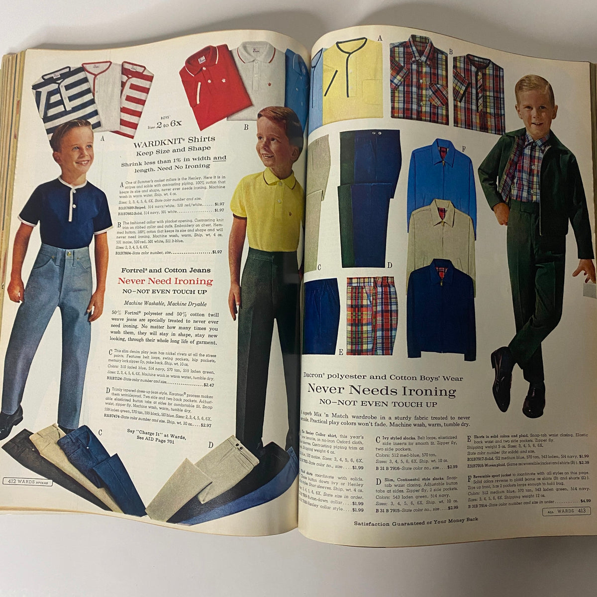 1966 Montgomery Ward Spring and Summer Catalog showcasing boys' clothing featuring colorful shirts and pants with a focus on no-iron fabric technology.