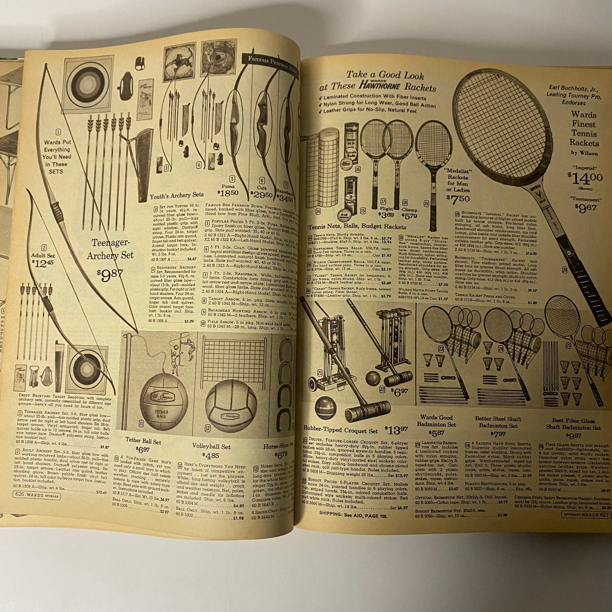 1966 Montgomery Ward Spring and Summer Catalog highlighting sporting equipment including archery sets and tennis rackets, ideal for young enthusiasts.