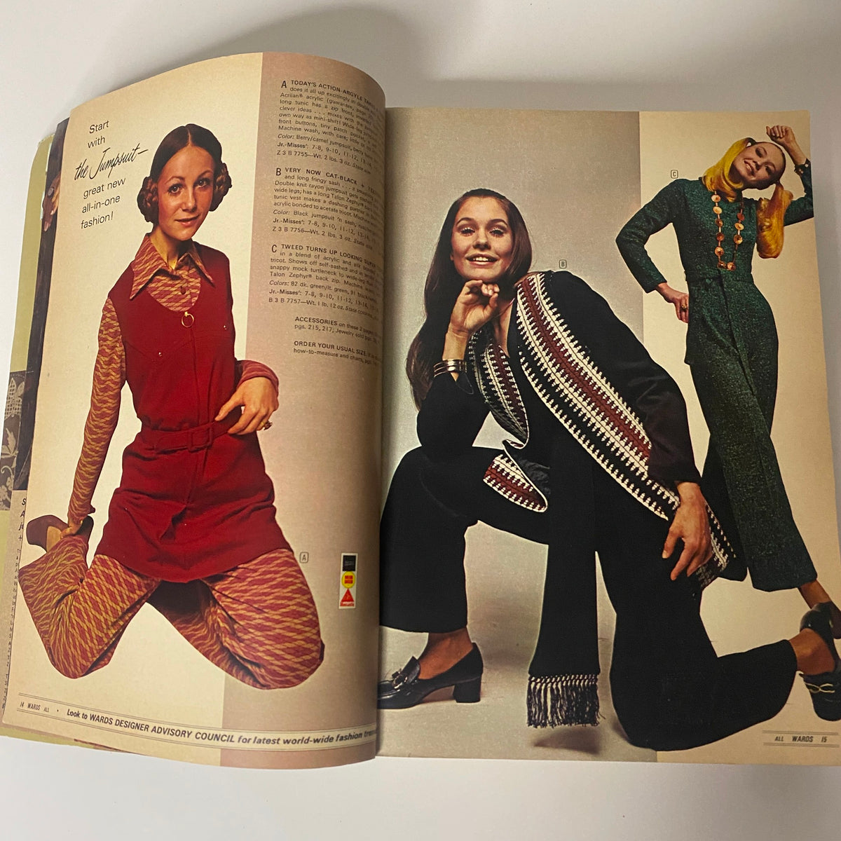 Interior pages of the 1970 Montgomery Ward Fall and Winter Catalog featuring fashion models showcasing jumpsuits and coordinated outfits.