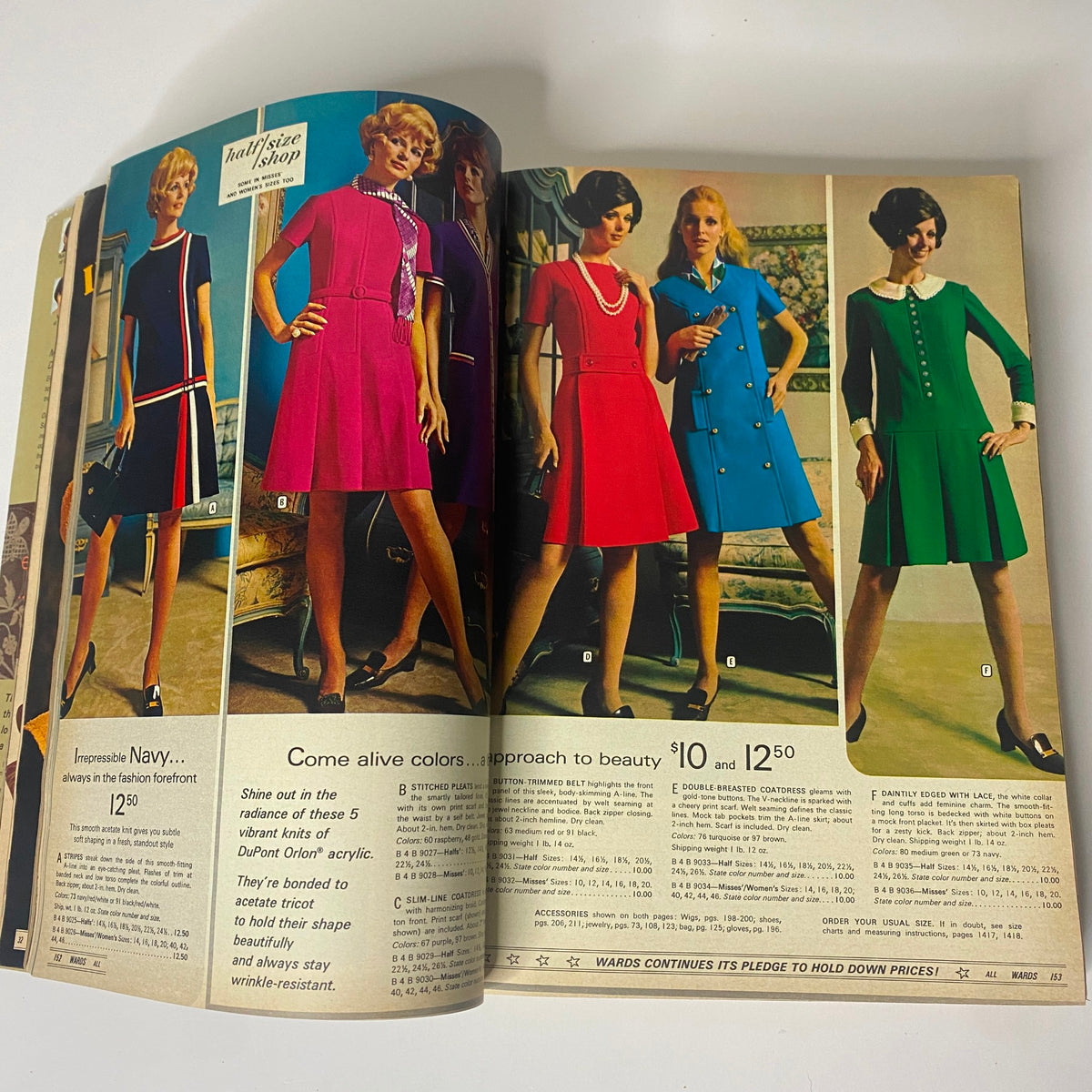 1970 Montgomery Ward Fall and Winter Catalog featuring a collection of fashionable dresses in bright colors and classic styles.