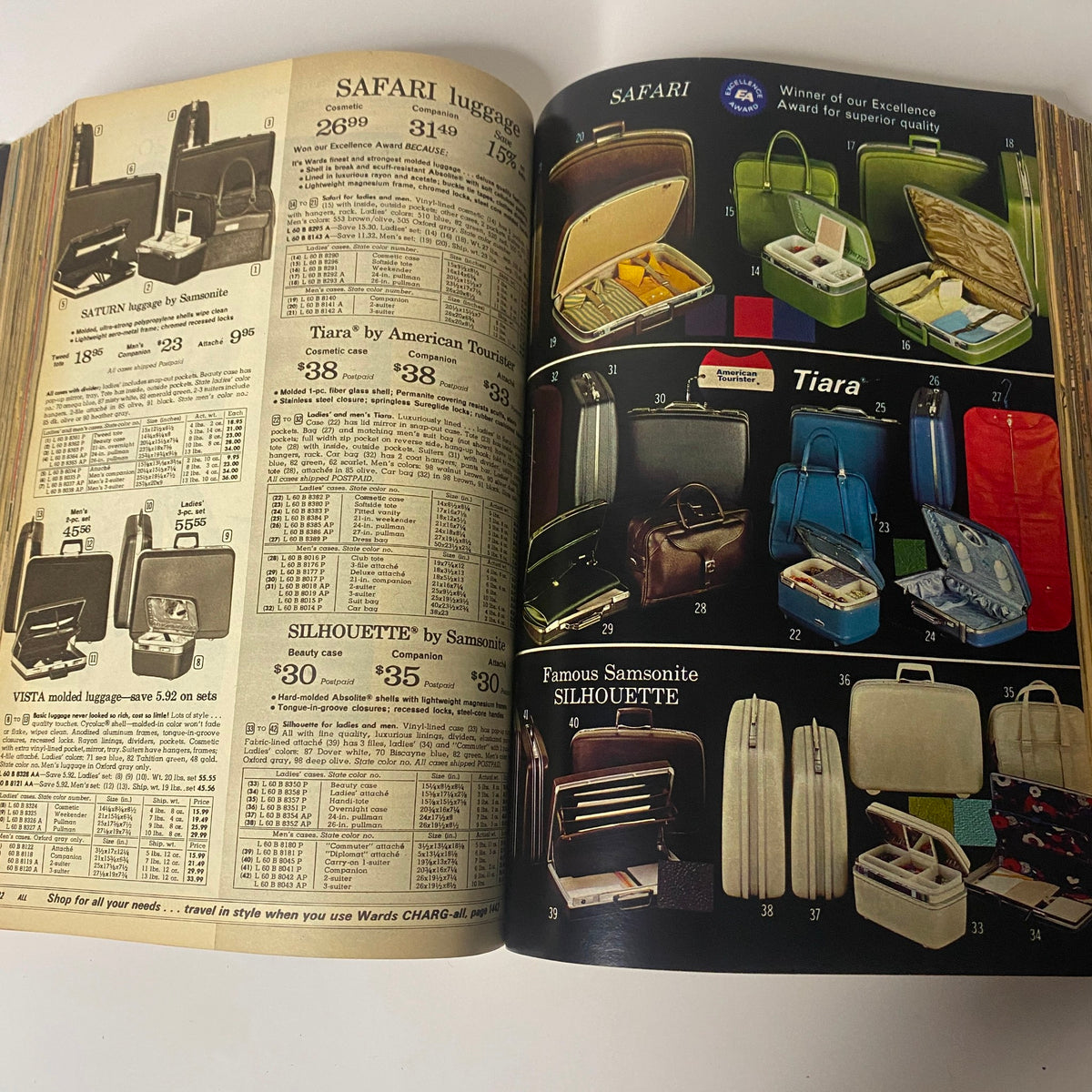 1970 Montgomery Ward Fall and Winter Catalog presenting a variety of luggage options from well-known Samsonite and other brands.