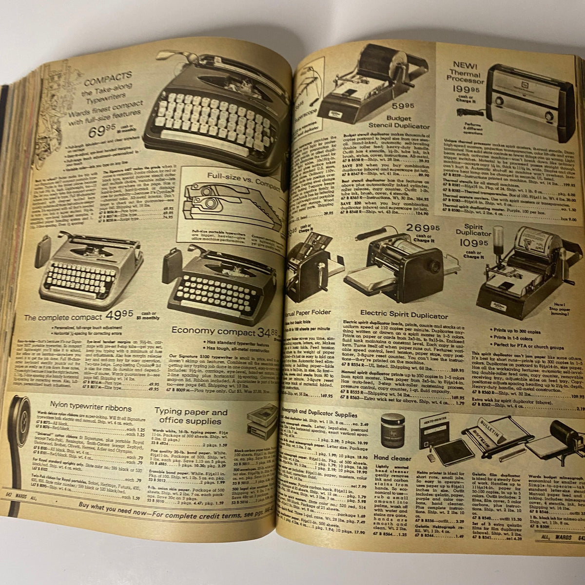 1970 Montgomery Ward Fall and Winter Catalog highlighting office supplies and typewriters, illustrating mid-century products.