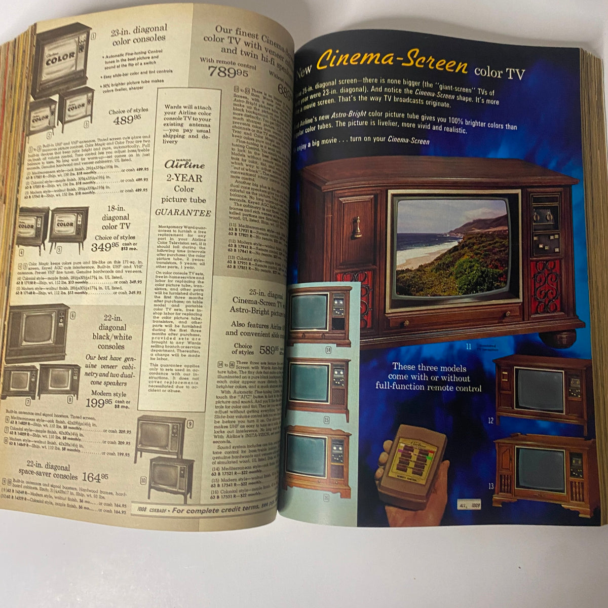 1970 Montgomery Ward Fall and Winter Catalog showcasing various color TV models, including features and pricing listed beside a visual display of a Cinema-Screen color television.