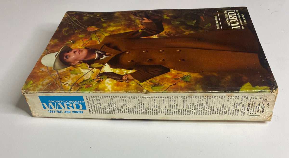 Spine of the 1968 Montgomery Ward Fall and Winter Catalog showcasing a vintage design with the cover image visible, highlighting the era's fashion and retail appeal.