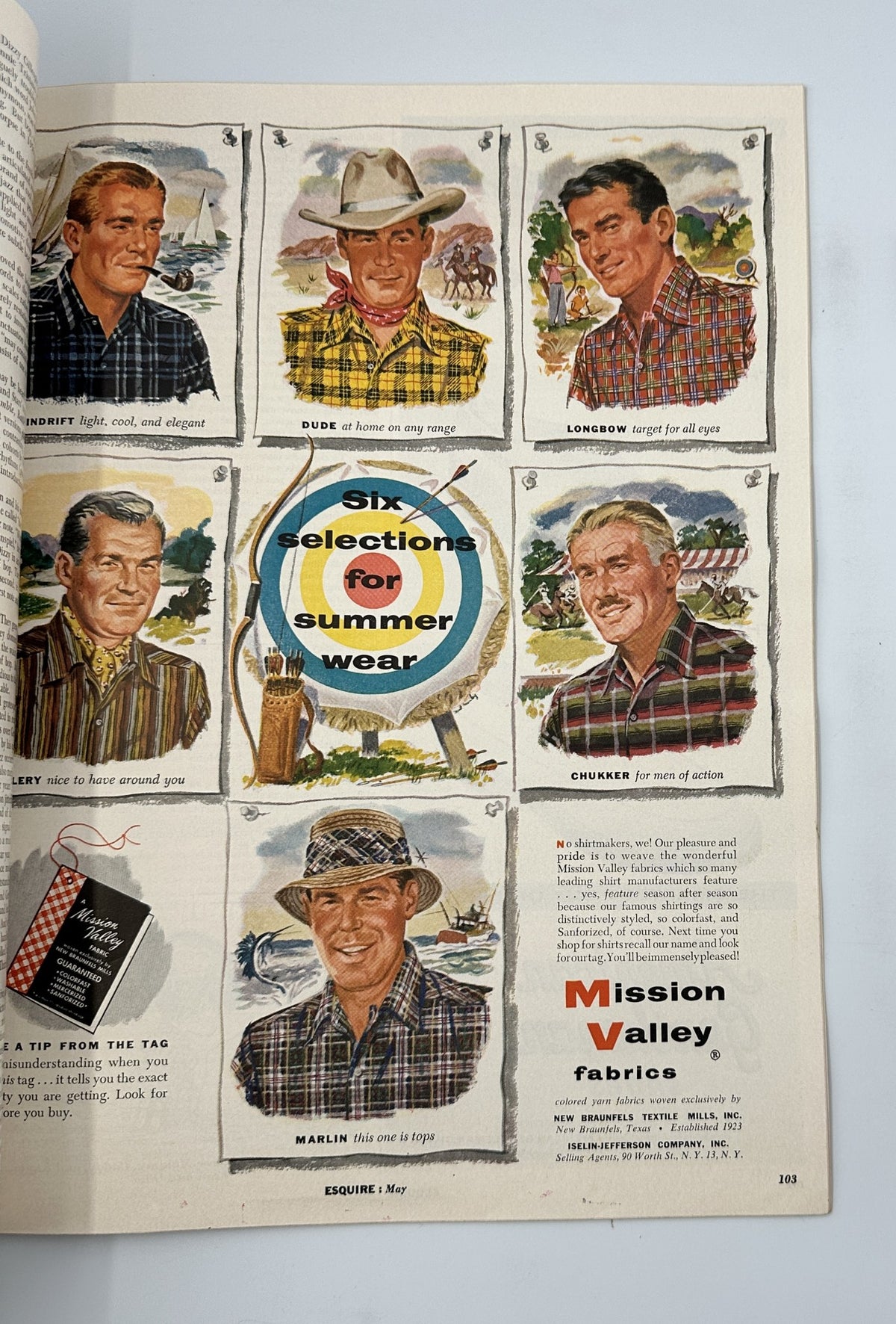 Esquire Magazine May 1954 featuring illustrations of six models showcasing summer wear options, including denim and cotton styles, alongside the text promoting summer fashion.