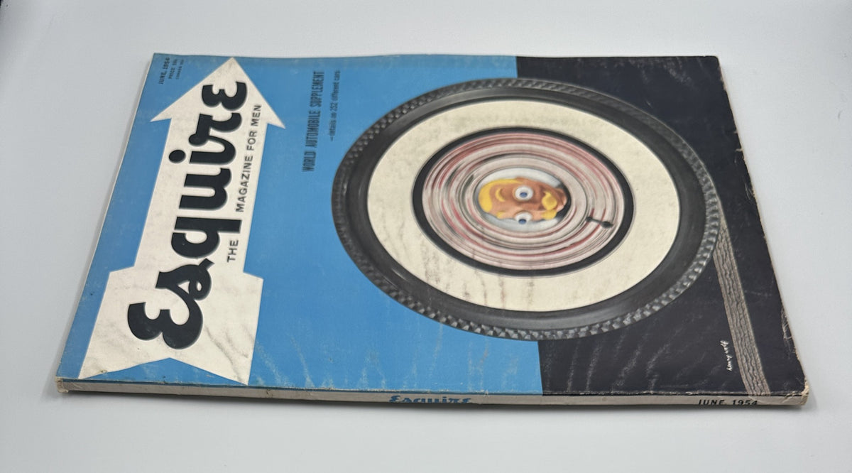 Esquire Magazine June 1954 cover featuring a tire spinning on a vintage automobile, showcasing the magazine's title and theme.