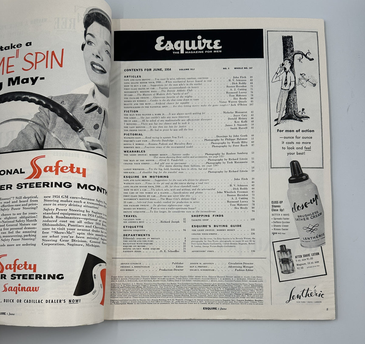 Inside page of Esquire Magazine June 1954 displaying the table of contents with featured articles and advertisements relevant to men.