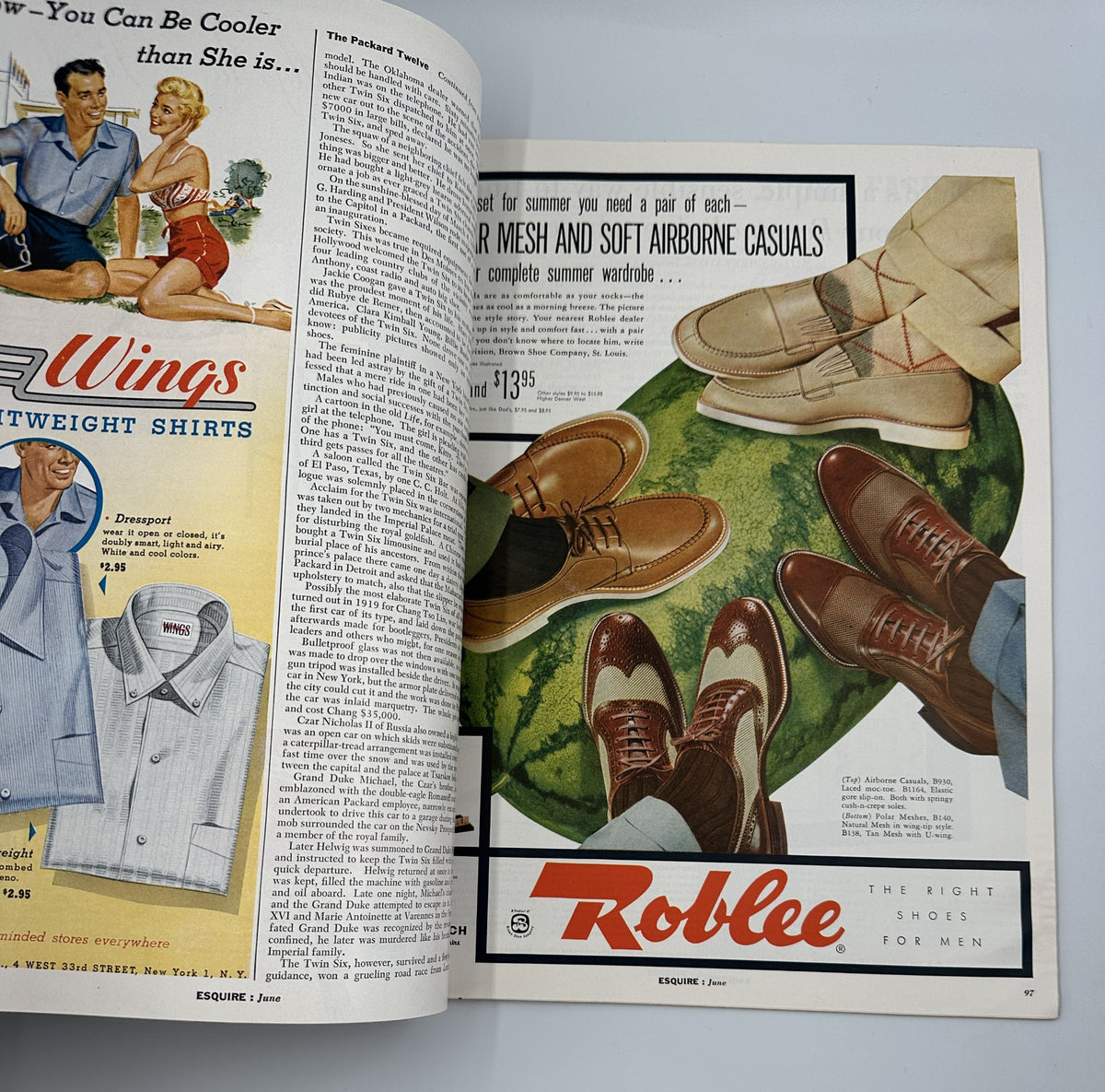 Advertisement page from Esquire Magazine June 1954 promoting Roblee shoes for men, displaying stylish footwear options for summer attire.
