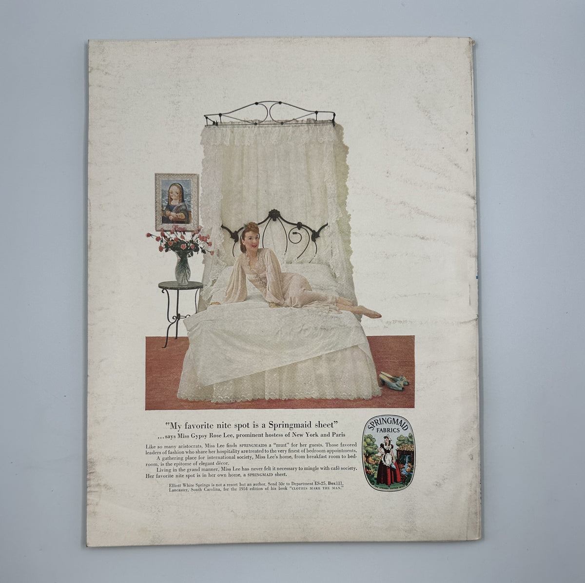 Vintage advertisement illustration featuring a woman in a sheer nightgown lounging on a bed, promoting Springmaid Fabrics, alongside the title 'Esquire Magazine June 1954 Dorothy Dandridge Foldout Auto Supplement w Pinup'.