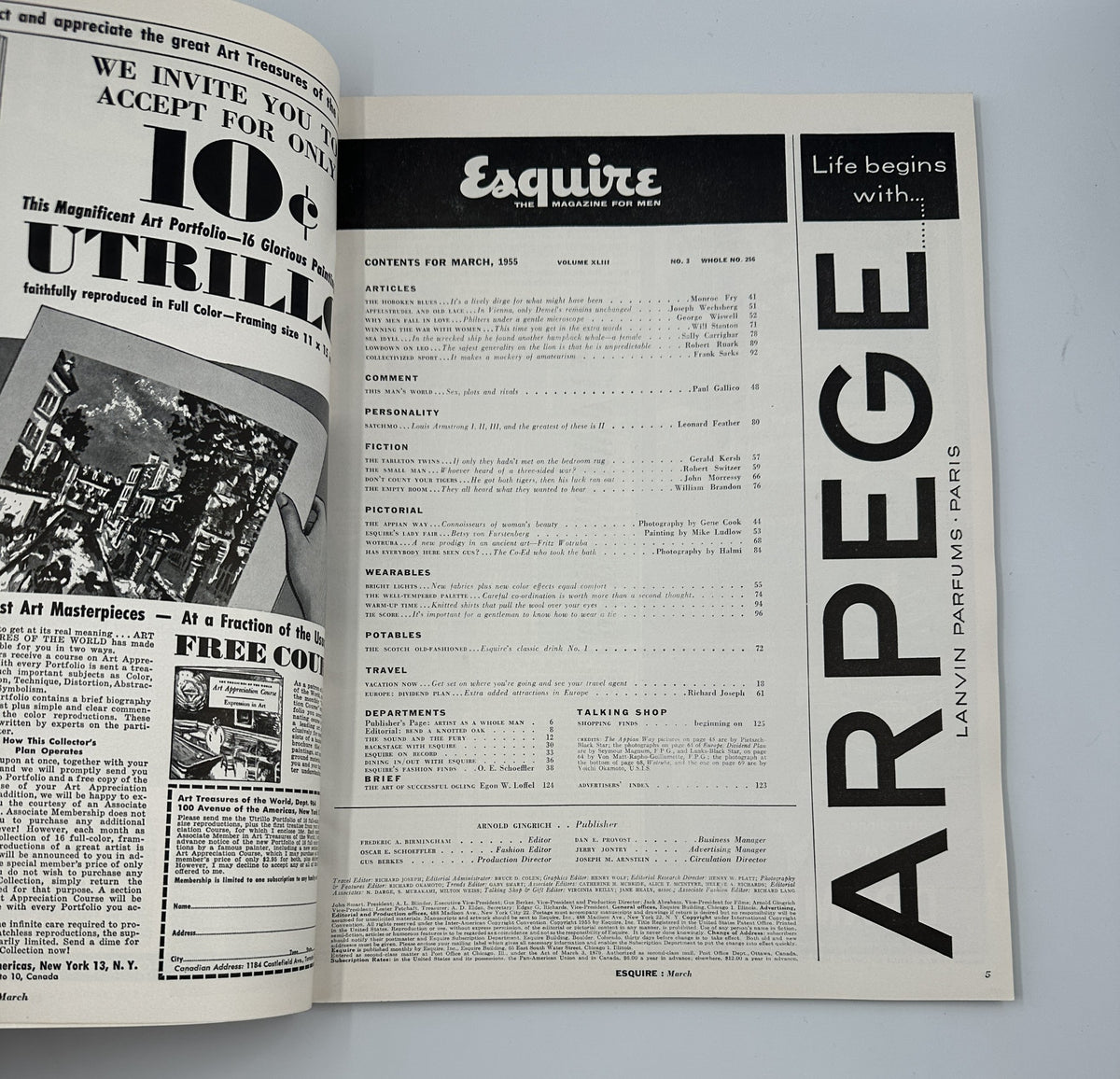 Inside page of Esquire Magazine March 1955 displaying the table of contents, featuring various articles and sections listed.