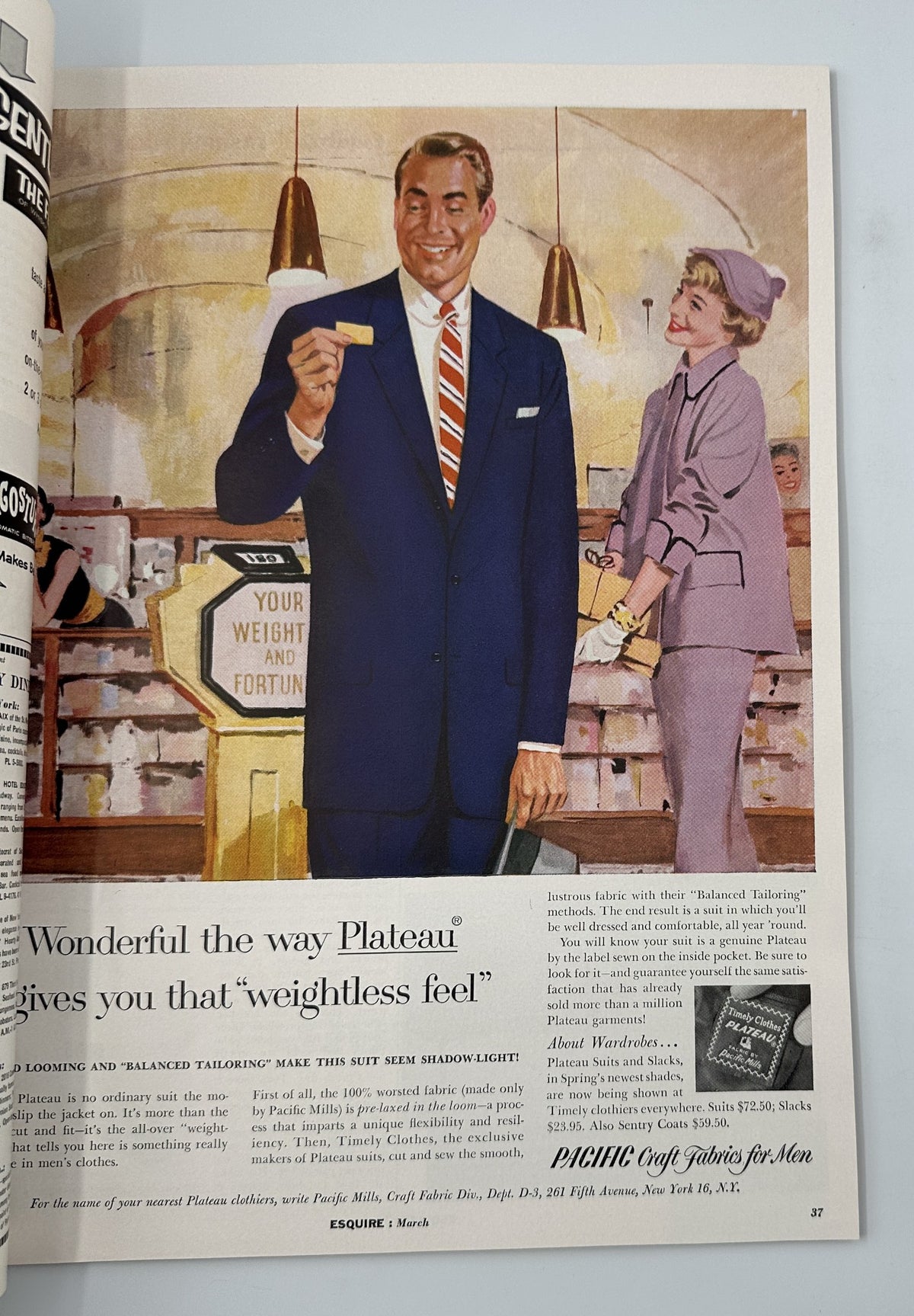 Esquire Magazine March 1955 advertisement illustrating a man enjoying a snack, promoting Plateau fabric technology with a cheerful encounter in a shop.