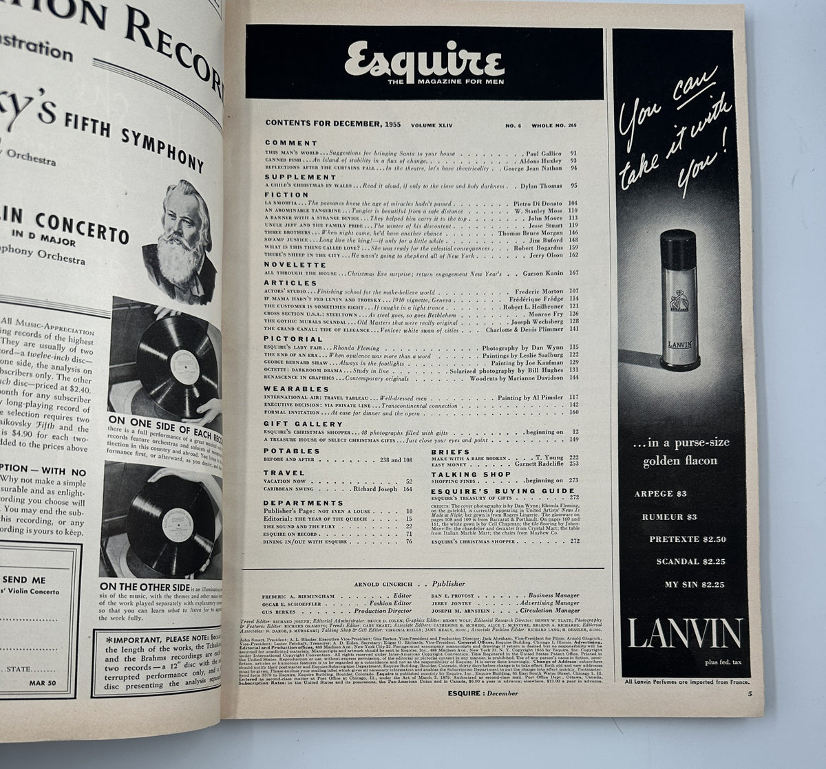 Interior page of Esquire Magazine December 1955 showing the table of contents, providing a glimpse into the articles and features in this issue.