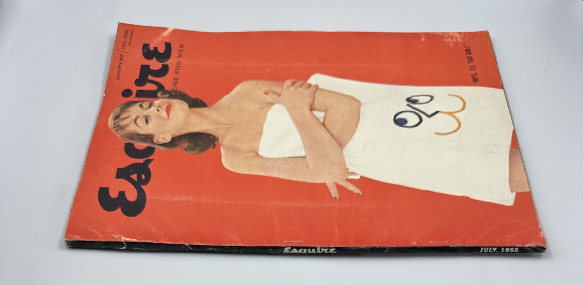 View of Esquire Magazine July 1955 cover showcasing Anita Ekberg in a white towel, emphasizing the vibrant red background and nostalgic design.