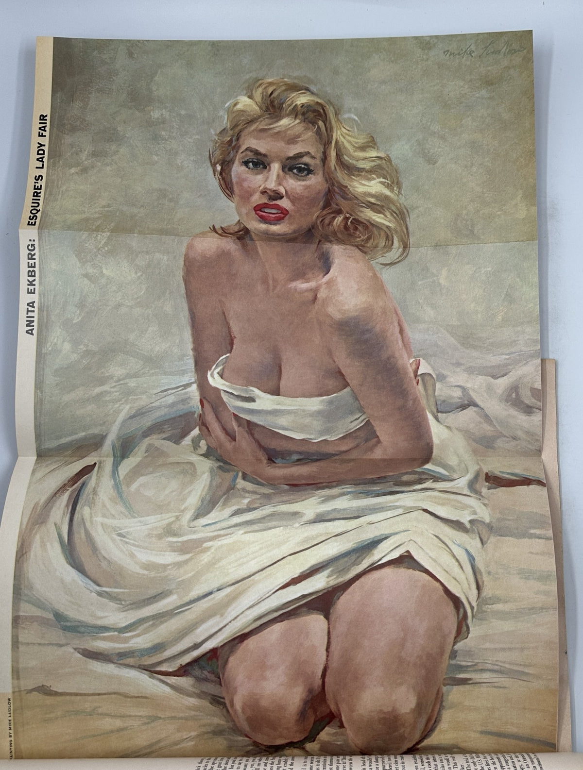 Foldout pinup illustration of Anita Ekberg from Esquire Magazine July 1955, depicting her in a sensual pose with a soft background.