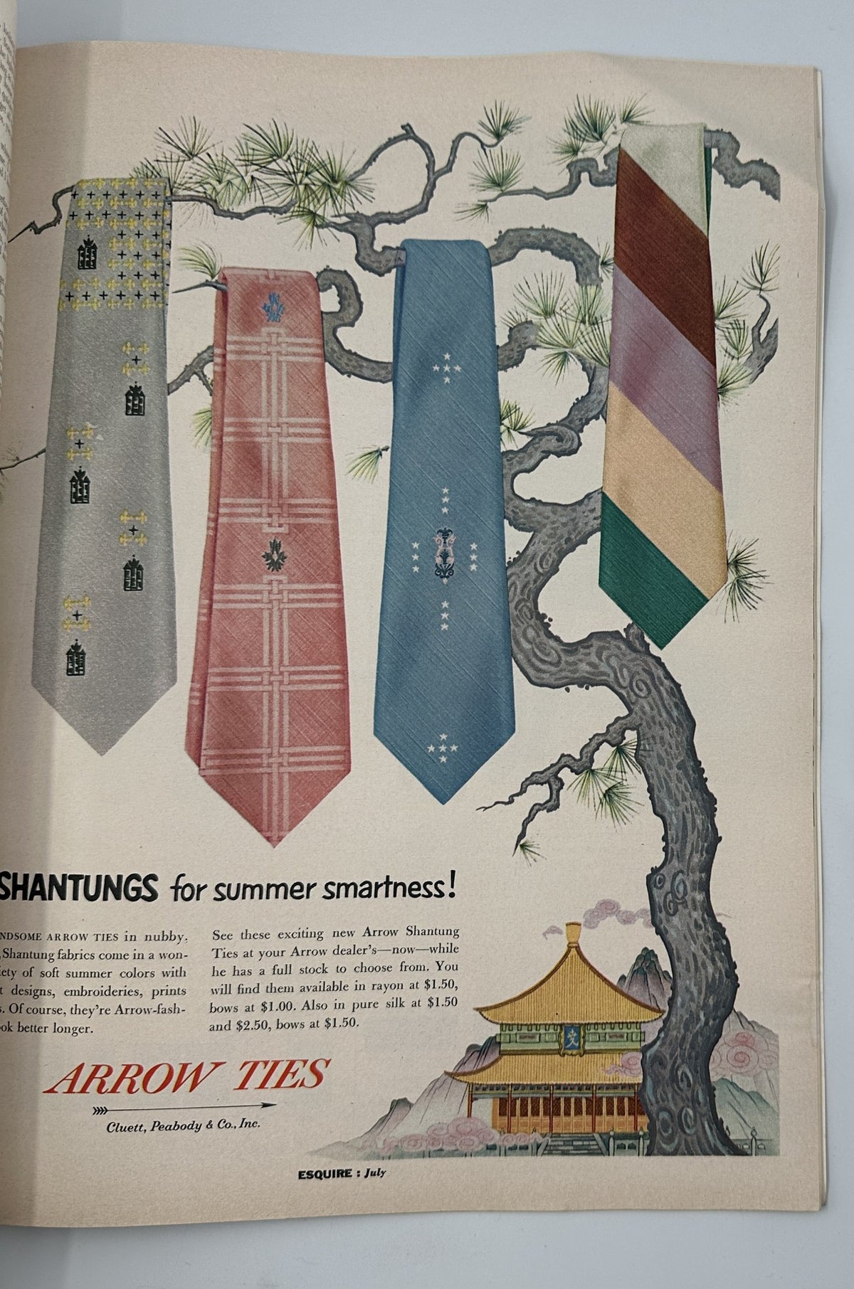 Advertisement page from Esquire Magazine July 1955 showcasing a variety of Arrow ties, highlighting summer fashion trends and designs.