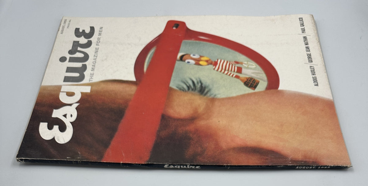 Front view of Esquire Magazine August 1955 with a cover illustration showing red sunglasses reflecting a cartoonish figure. Highlights include contributions from Aldous Huxley, George Jean Nathan, and Paul Gallico.