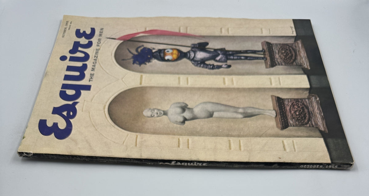 Another view of the Esquire Magazine October 1955 cover showcasing the distinctive combination of a knight and a nude figurine, encapsulating the magazine's creative and eclectic aesthetic.