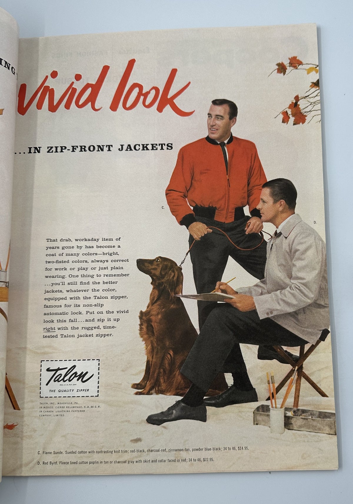 Esquire Magazine October 1955 advertisement showcasing men modeling vivid zip-front jackets, highlighting autumn fashion trends.