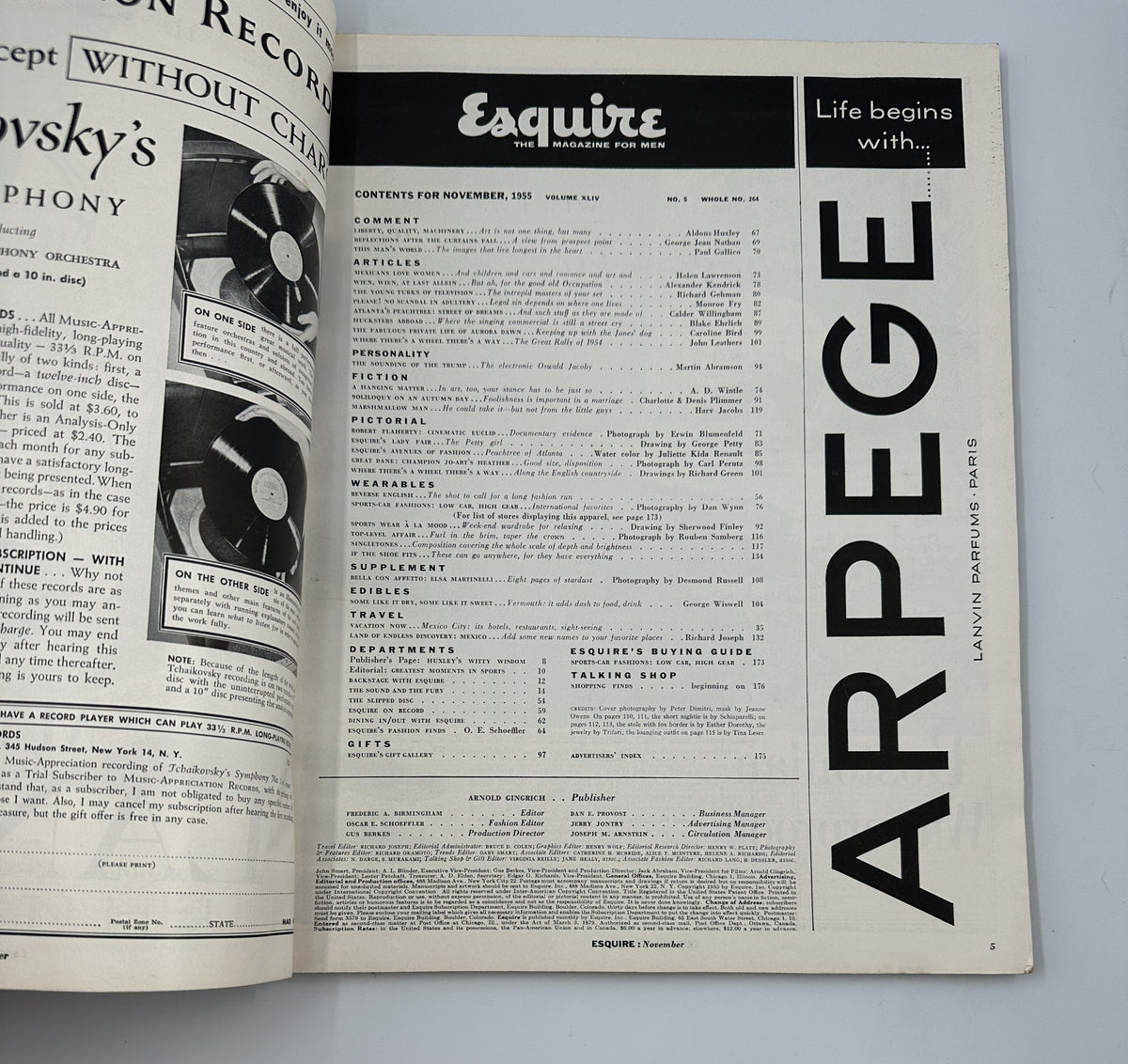 Interior page of Esquire Magazine November 1955 displaying the table of contents, highlighting various articles and features within the issue.