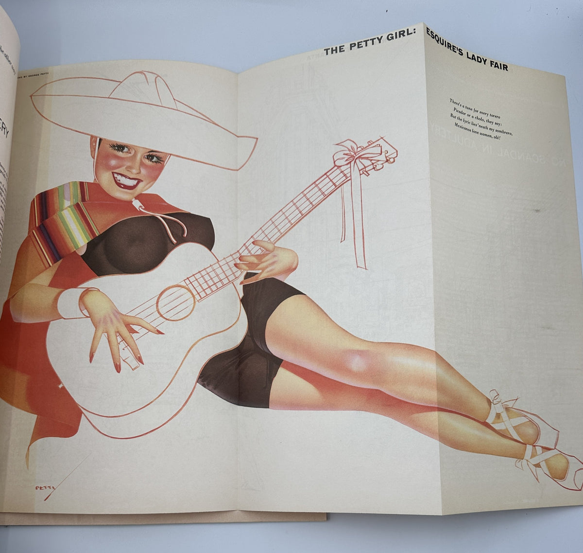 Esquire Magazine November 1955 Pumpkin Model Cover featuring a pinup illustration by George Petty, showcasing a woman playing a guitar in a colorful sombrero.