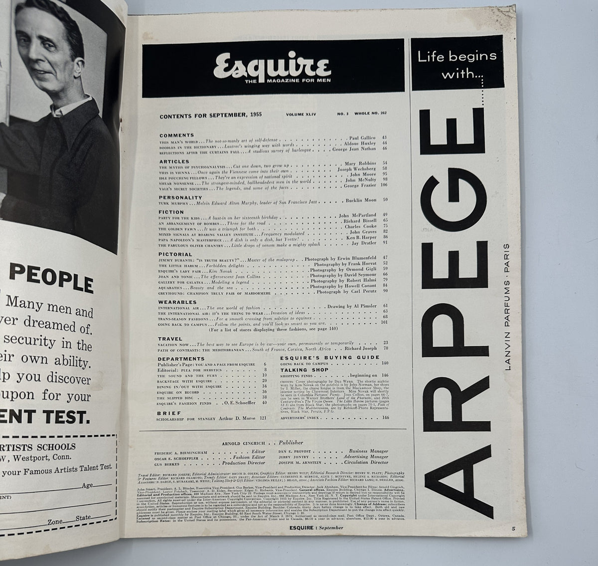 Inside page of Esquire Magazine September 1955 displaying the table of contents and publication details.