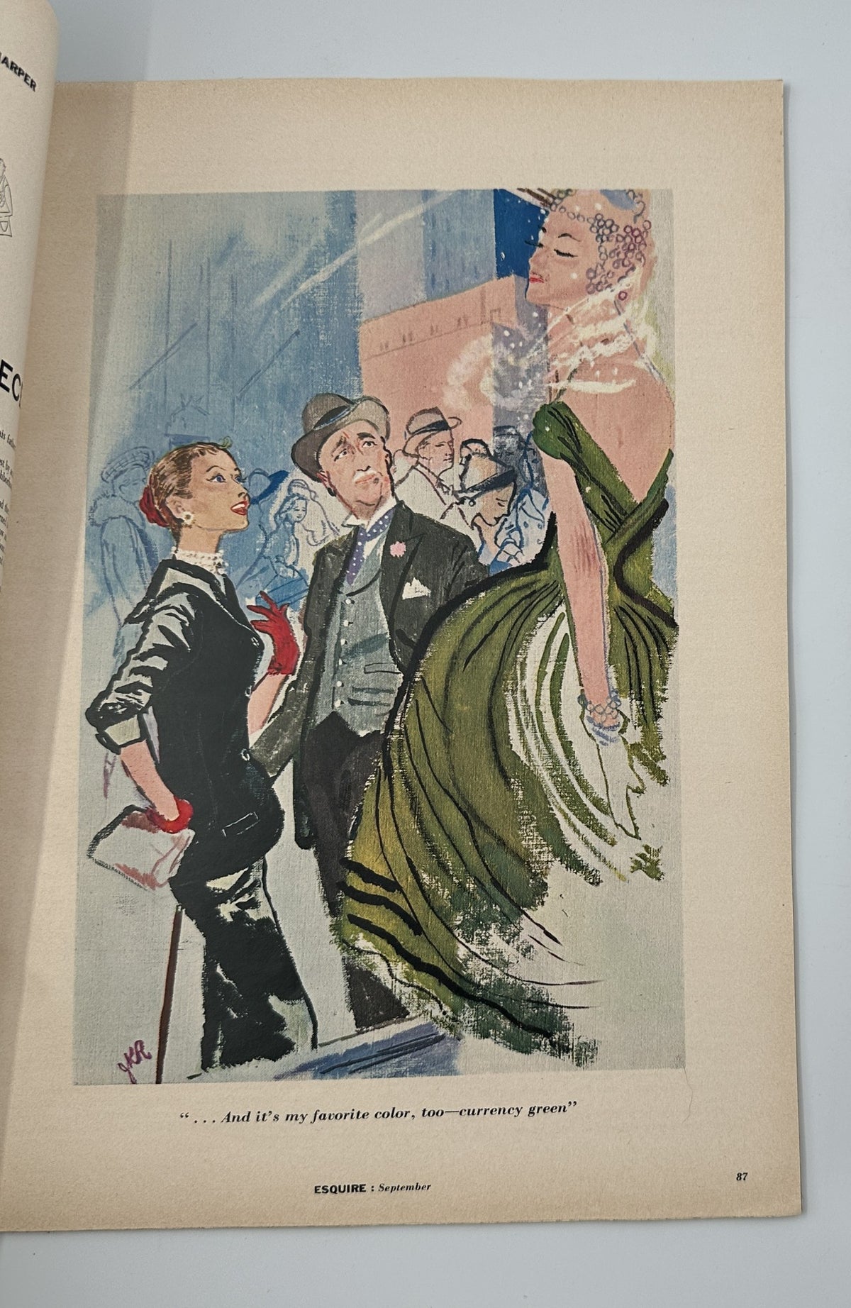 Artistic illustration from Esquire Magazine September 1955 showcasing a fashionable woman in a green gown and men in formal wear, captioned '...And it's my favorite color, two—currency green.' Features Kim Novak, Collins, and Paul Gallico.