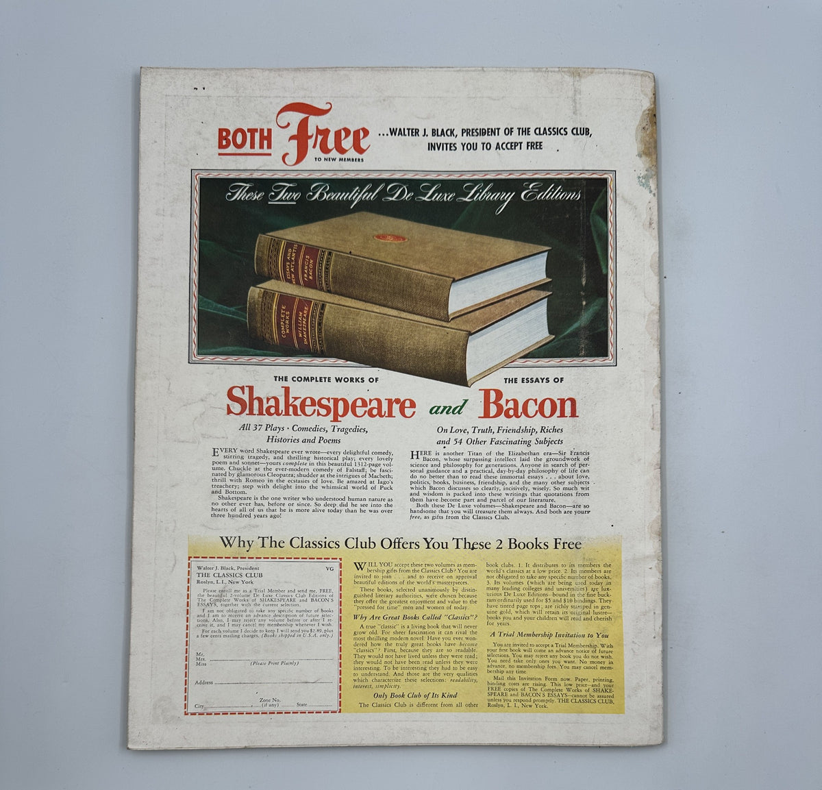 Back cover of Esquire Magazine September 1955 featuring an advertisement for free copies of the complete works of Shakespeare and Bacon, along with a promotional message inviting readers to join the Classics Club.