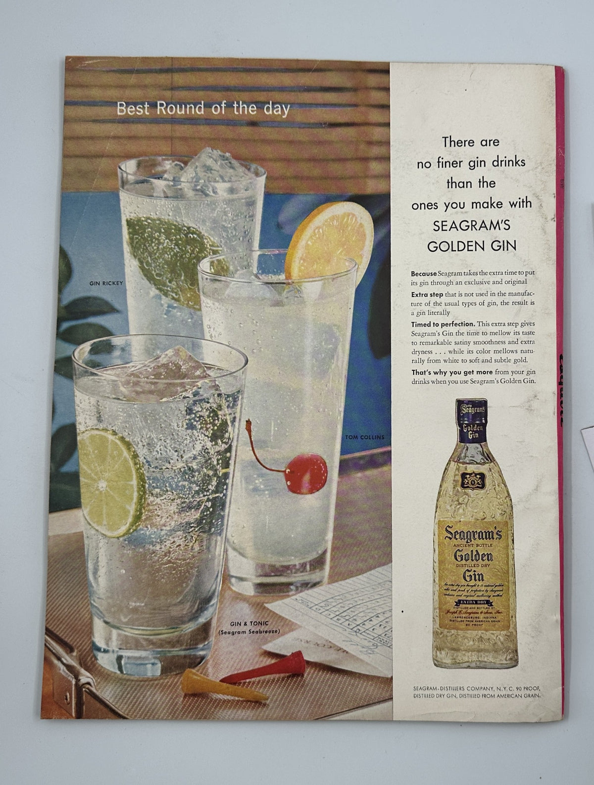 Esquire Magazine July 1956 page featuring Best Round of the Day with a selection of gin-based drinks. The image displays three cocktails with garnish, highlighting Seagram's Golden Gin.
