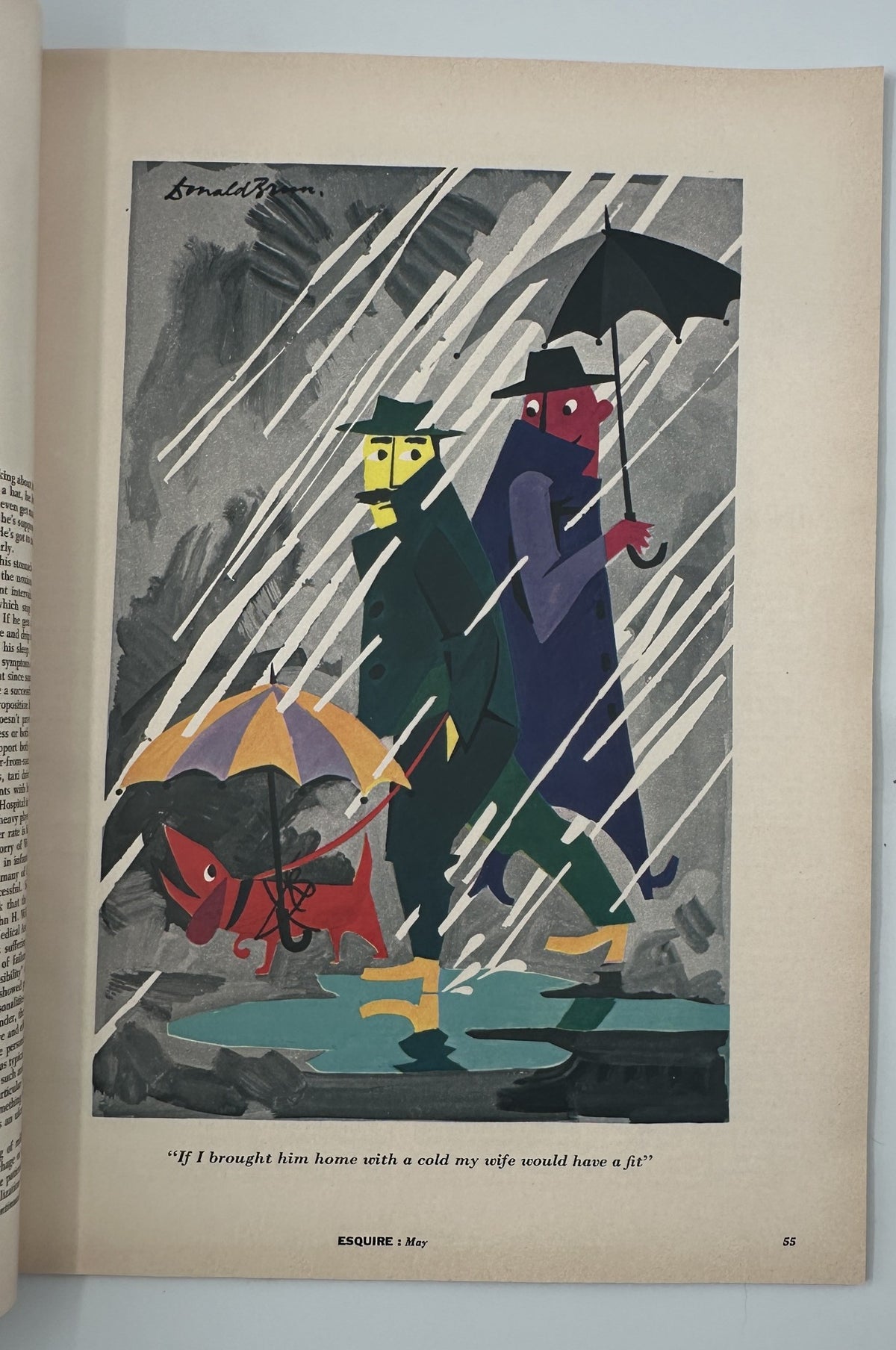 Illustration in Esquire Magazine May 1956 depicting two men in raincoats with a dog, capturing a comedic moment, and adding to the magazine's eclectic mix of content for that issue.