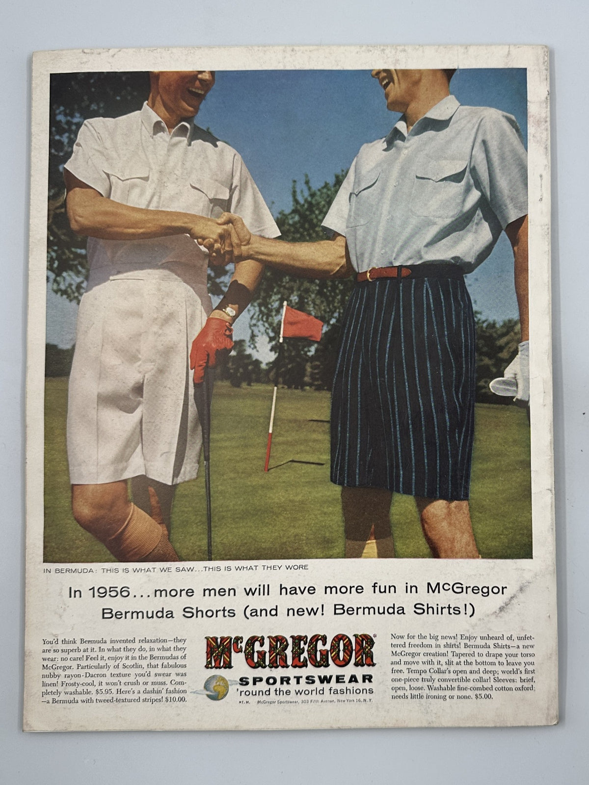 Advertisement for McGregor Sportswear featuring two men shaking hands on a golf course, promoting Bermuda shorts and shirts. Included in Esquire Magazine May 1956.