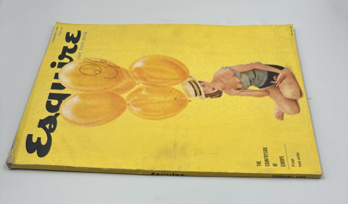 Esquire Magazine February 1956 cover featuring Marjorie Hellen with balloons, showcasing vintage design.