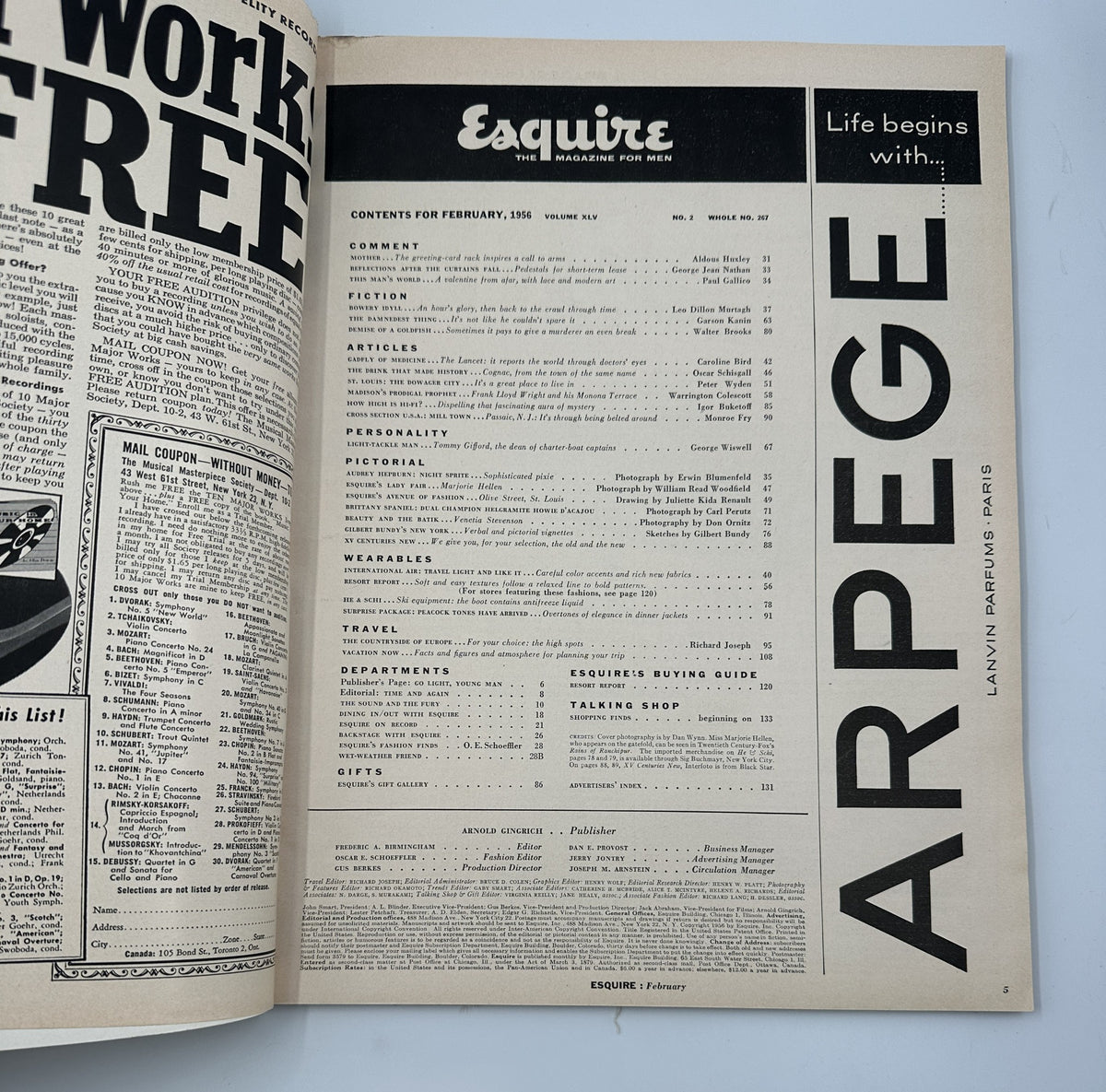 Table of Contents from Esquire Magazine February 1956, outlining featured articles, fiction, and personality sections.