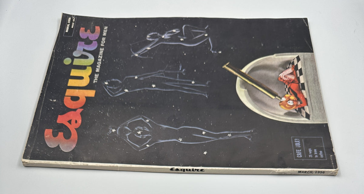 Similar view of the Esquire Magazine March 1956 cover showcasing Gwen Verdon foldout and artistic illustration of a telescope, emphasizing 'Café ¡Ole!'.