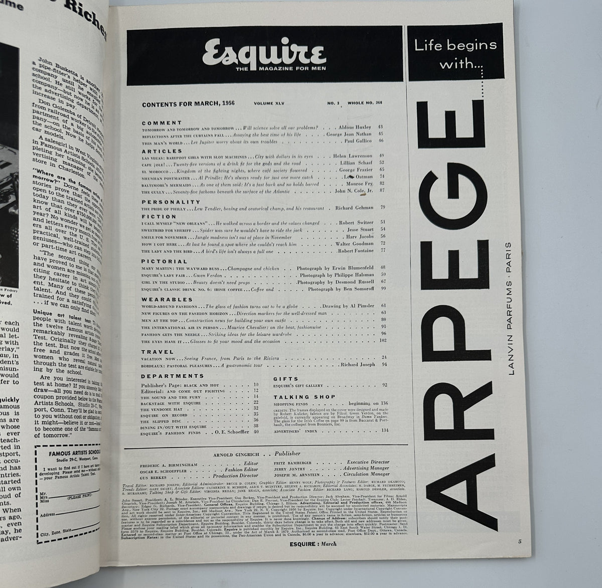 Inside page of Esquire Magazine March 1956 displaying the table of contents, featuring sections like Articles, Personality, and Travel.