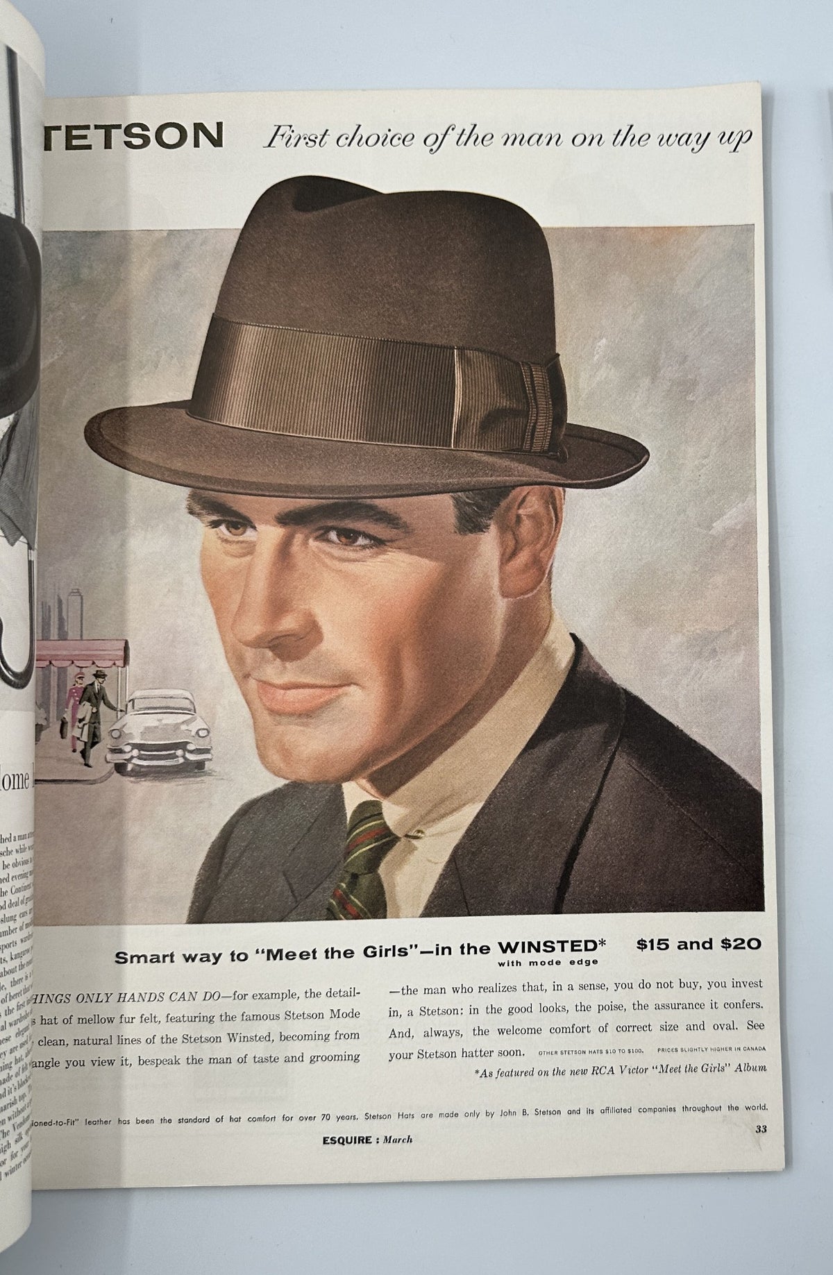 Esquire Magazine March 1956 advertisement for the FETSON hat, featuring a well-dressed man in a business suit showcasing men's fashion.