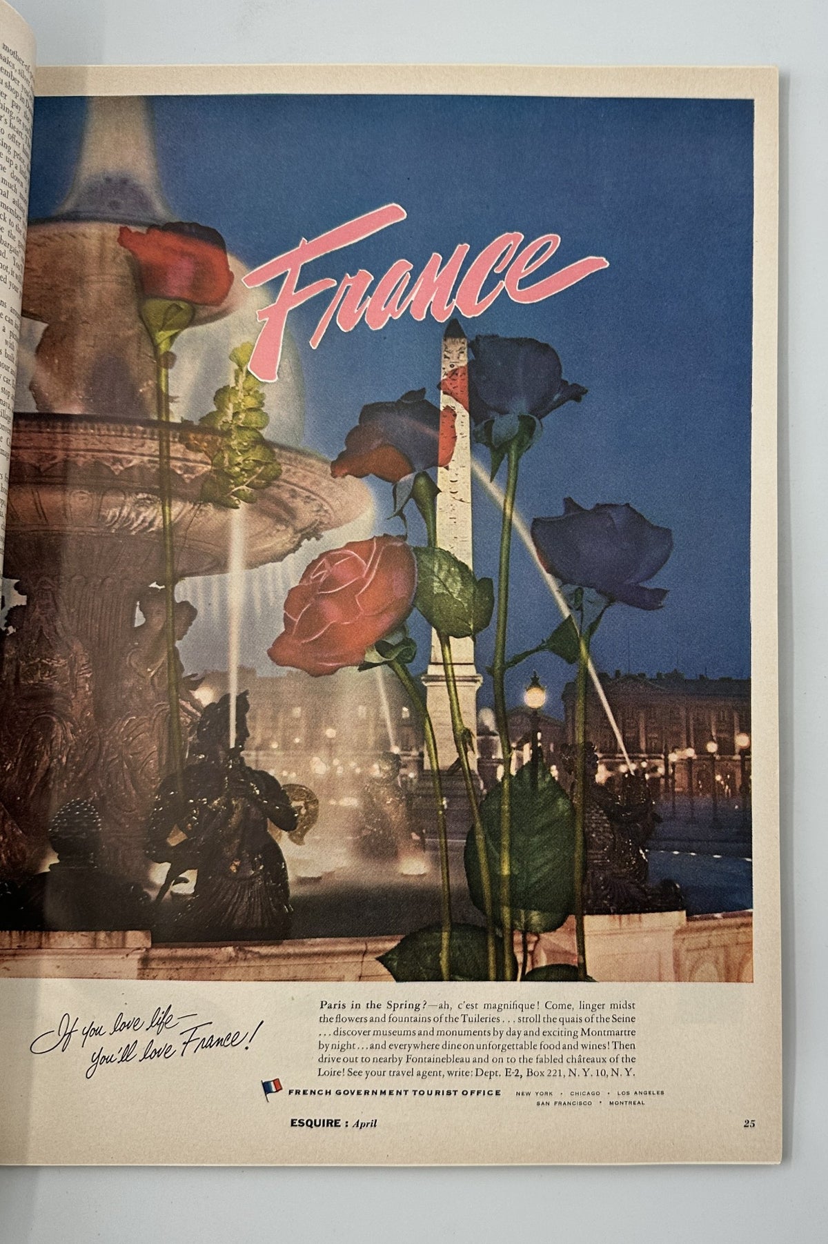 Esquire Magazine April 1956 presents a vibrant advertisement for travel to France, featuring a scenic image of roses and the Eiffel Tower, appealing to prospective travelers.