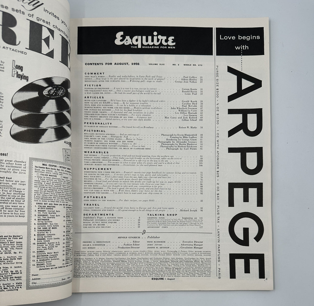 Interior page of Esquire Magazine August 1956 displaying the table of contents, highlighting articles and features in this edition.