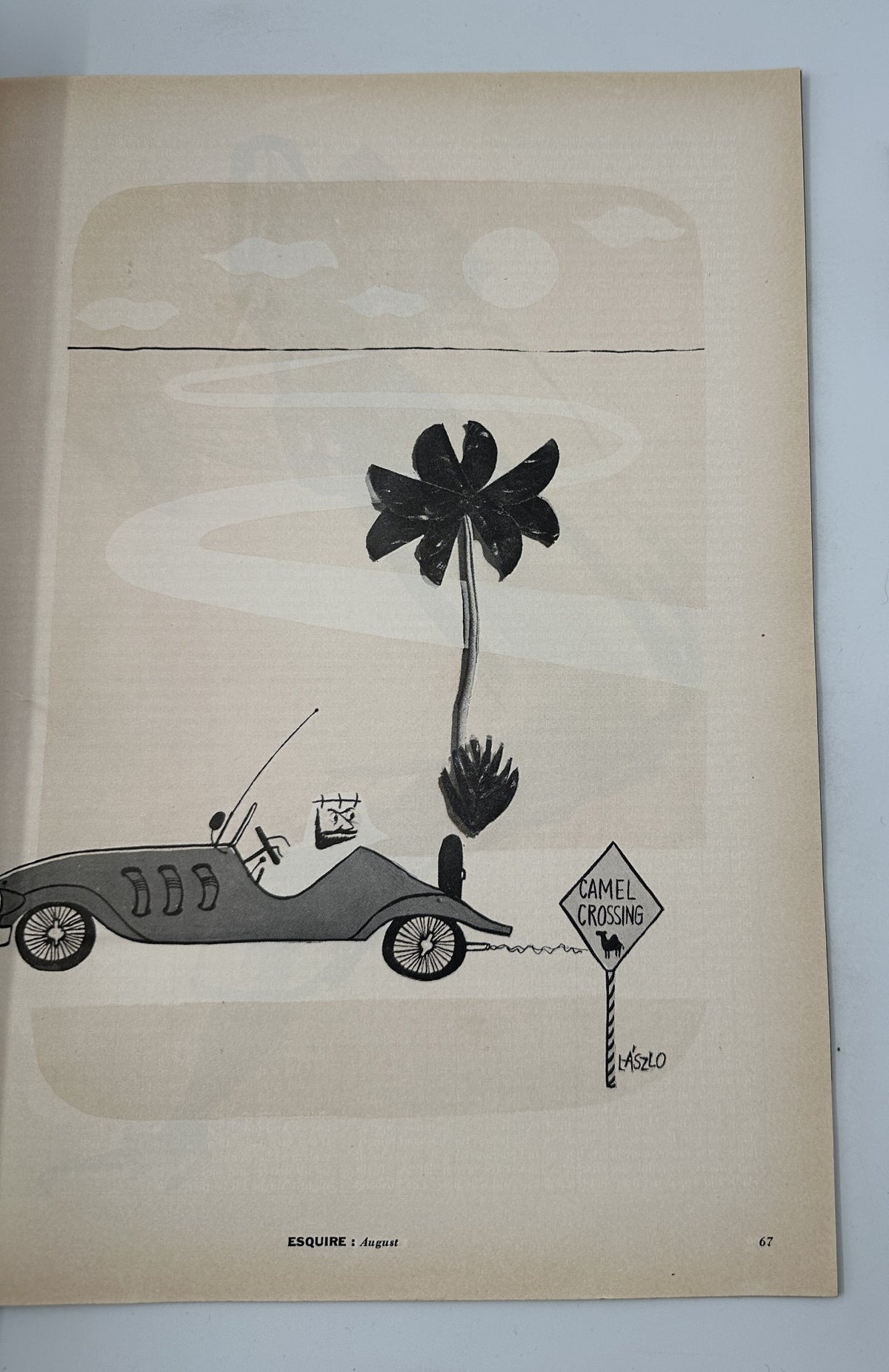 Esquire Magazine August 1956 illustration of a vintage car parked under a palm tree with a 'Camel Crossing' sign, emphasizing leisure and humor.