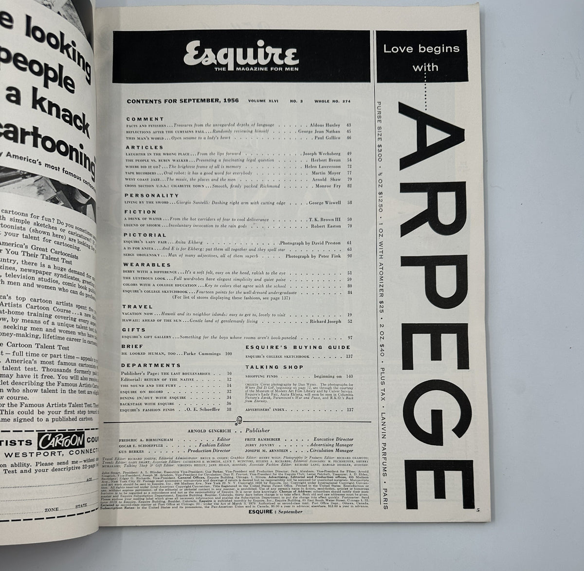Interior page of Esquire Magazine September 1956 showcasing the table of contents, detailing articles and sections within the issue.