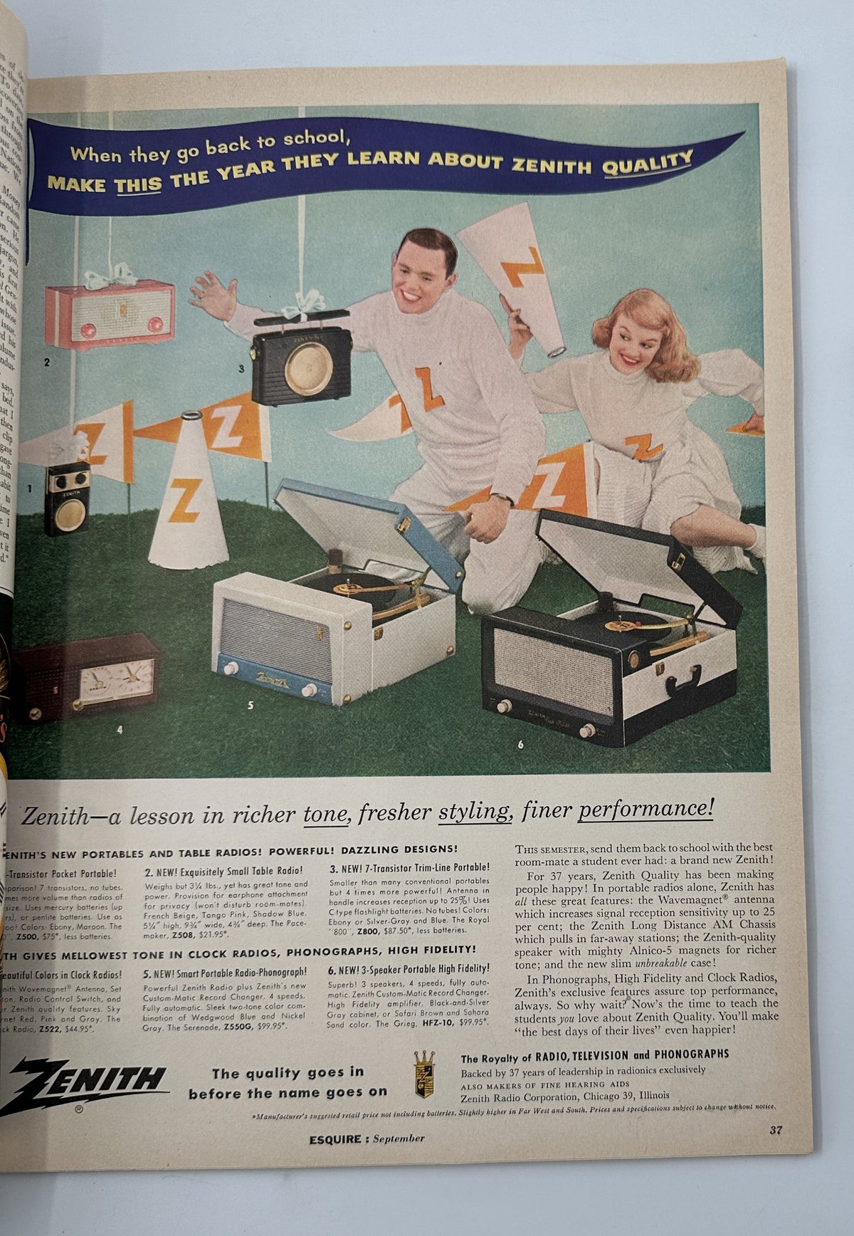 Advertisement page from Esquire Magazine September 1956 for Zenith, illustrating vintage radios with cheerful figures, promoting quality products.