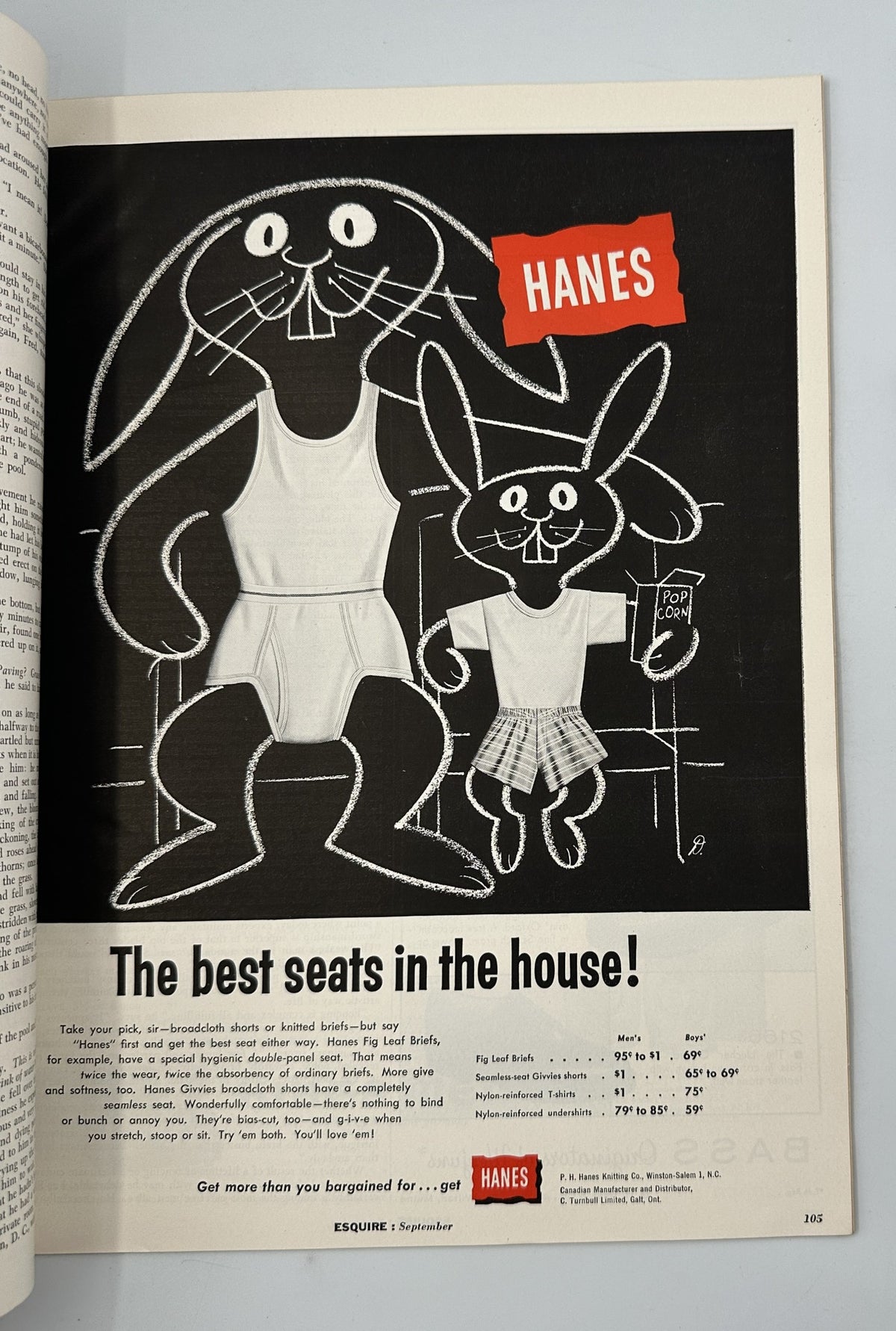 Esquire Magazine September 1956 advertisement for Hanes featuring cartoon rabbits wearing underwear, promoting comfort with the tagline 'The best seats in the house!'