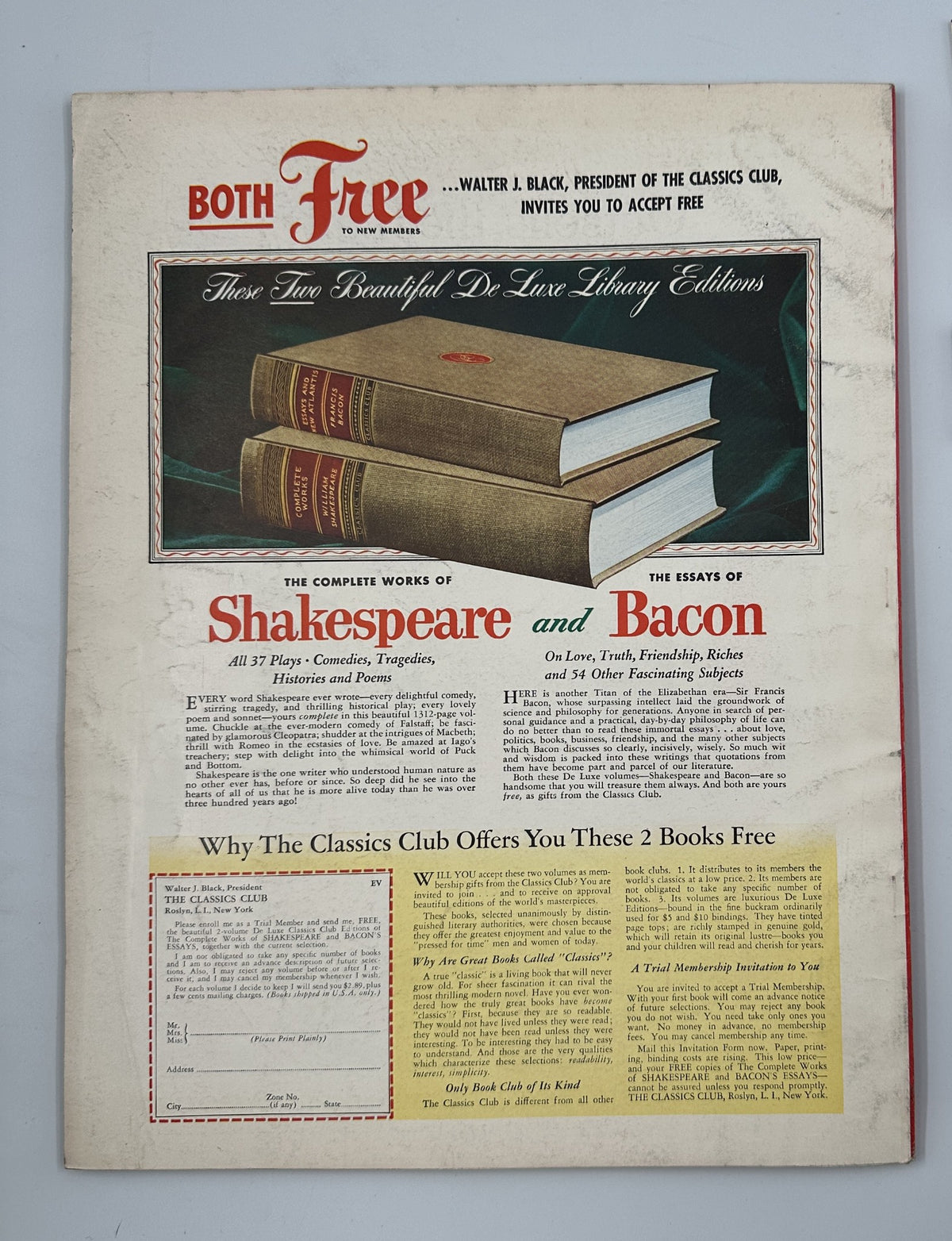Esquire Magazine September 1956 advertisement for The Classics Club showcasing free items, featuring the complete works of Shakespeare and Bacon with a decorative background.