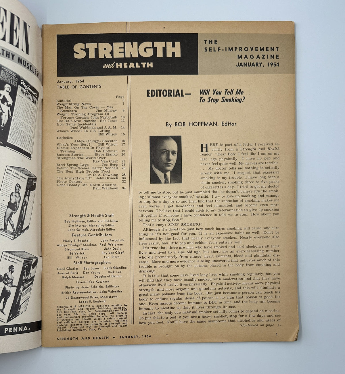 Editorial page from Strength and Health Magazine January 1954, written by Bob Hoffman, discussing self-improvement and health topics.