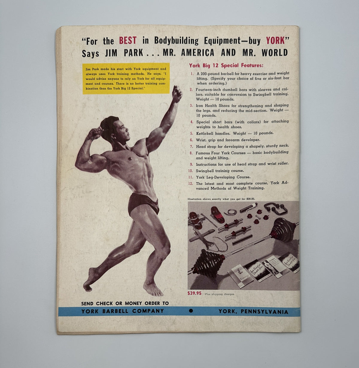 Advertisement in Strength and Health Magazine July 1953 promoting York Barbell Company, featuring Jim Park, Mr. America and Mr. World, endorsing bodybuilding equipment.