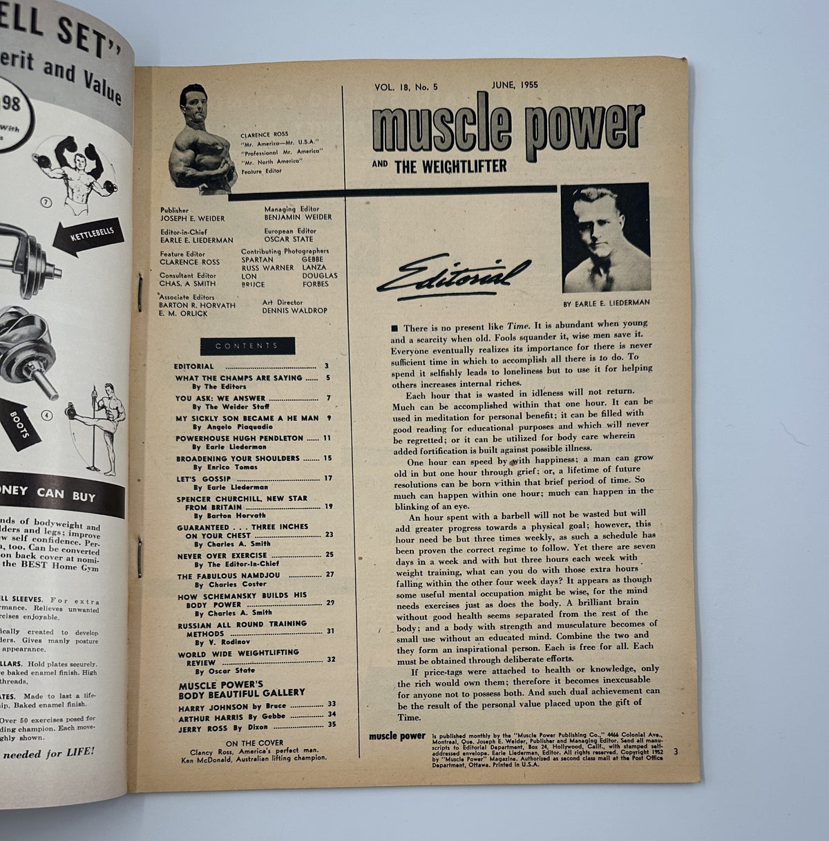 Interior page of Muscle Power Magazine June 1955 showcasing the editorial section and table of contents. The page highlights articles related to bodybuilding and weightlifting.
