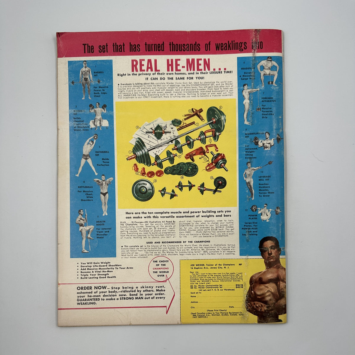 Back cover of Muscle Power Magazine June 1955 advertising a bodybuilding program titled 'Real He-Men'. The cover includes illustrations of exercise routines and fitness equipment.